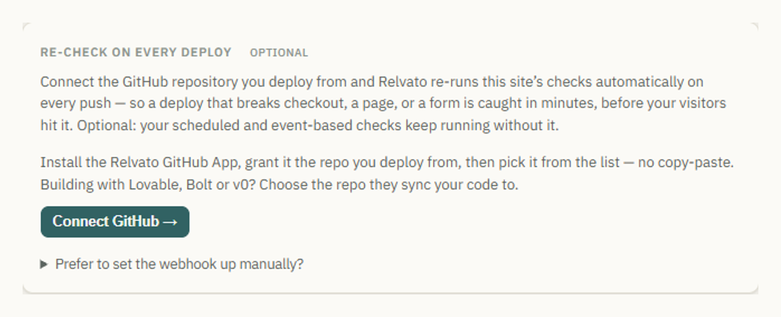 The ‘Re-check on every deploy’ card in Relvato site settings, with a Connect GitHub button
